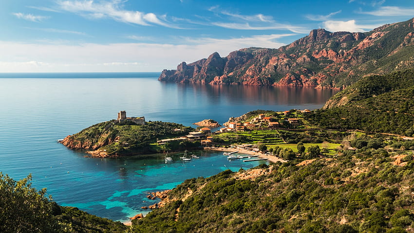 Bay and Fortress at Corsica, France, coast, sea, clouds, mediterranean, trees, sky HD wallpaper