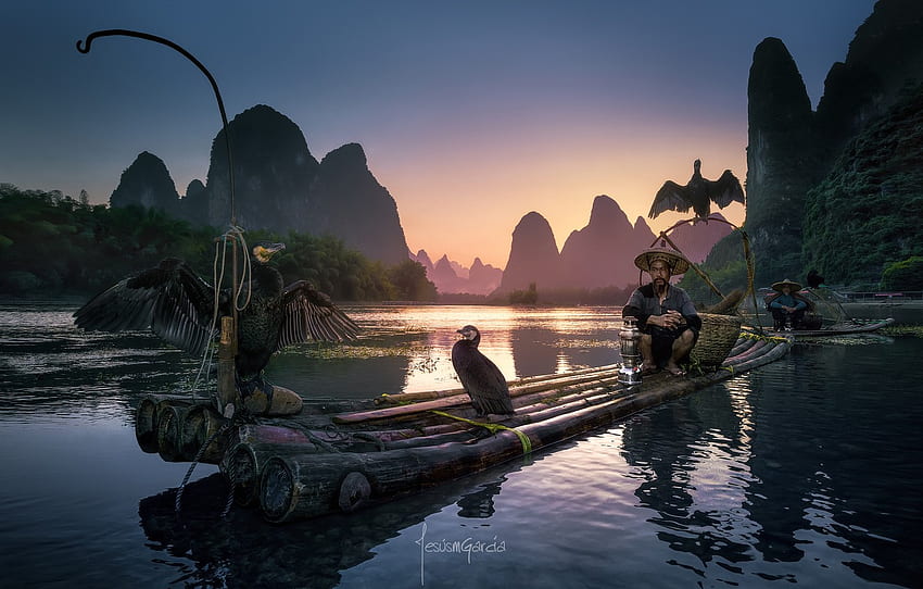 birds, river, people, boat, boats, China, fishermen, the raft, cormorants, district Guangxi Joins for , section разное - , Chinese Boat HD wallpaper