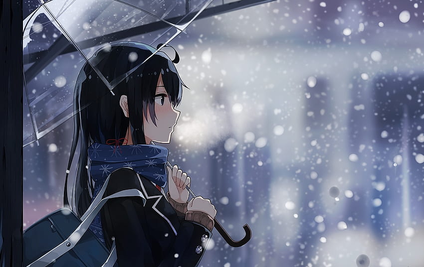Snow, winter, anime girl, anime, cold, cute, girl, hair HD wallpaper