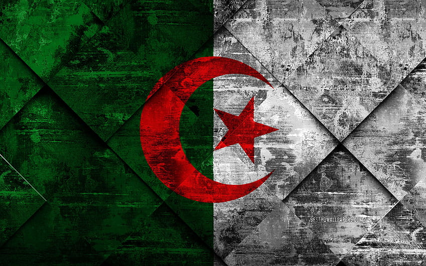 アルジェリアの国旗、グランジ アート、菱形グランジ テクスチャ、アルジェリアの国旗、アフリカ、国のシンボル、アルジェリア、解像度のクリエイティブ アート。 高品質 高画質の壁紙