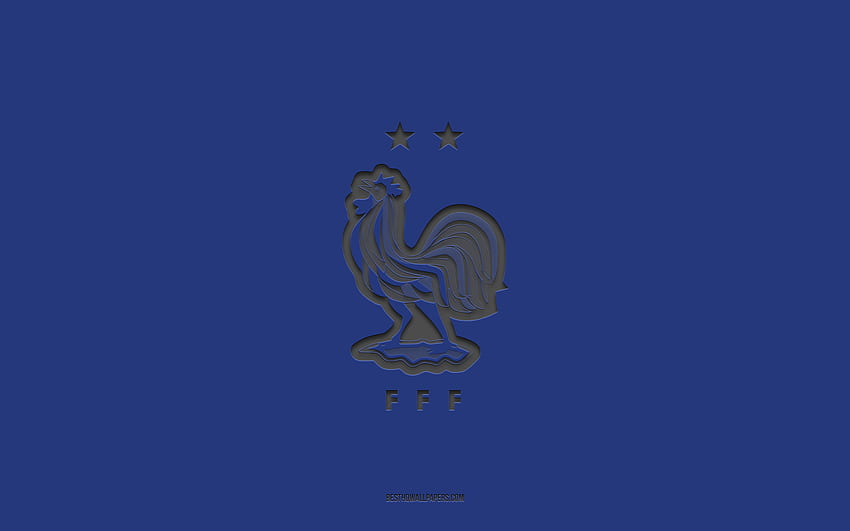 フランス代表サッカーチーム、青色の背景、サッカーチーム、エンブレム、UEFA、フランス、サッカー、フランス代表サッカーチームのロゴ、ヨーロッパ 高画質の壁紙