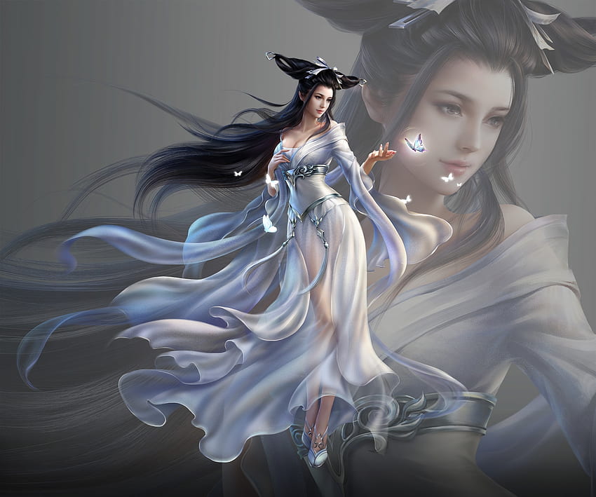 Fantasy girl, blue, asian, grey, fantasy, girl, luminos, 3q studio HD wallpaper