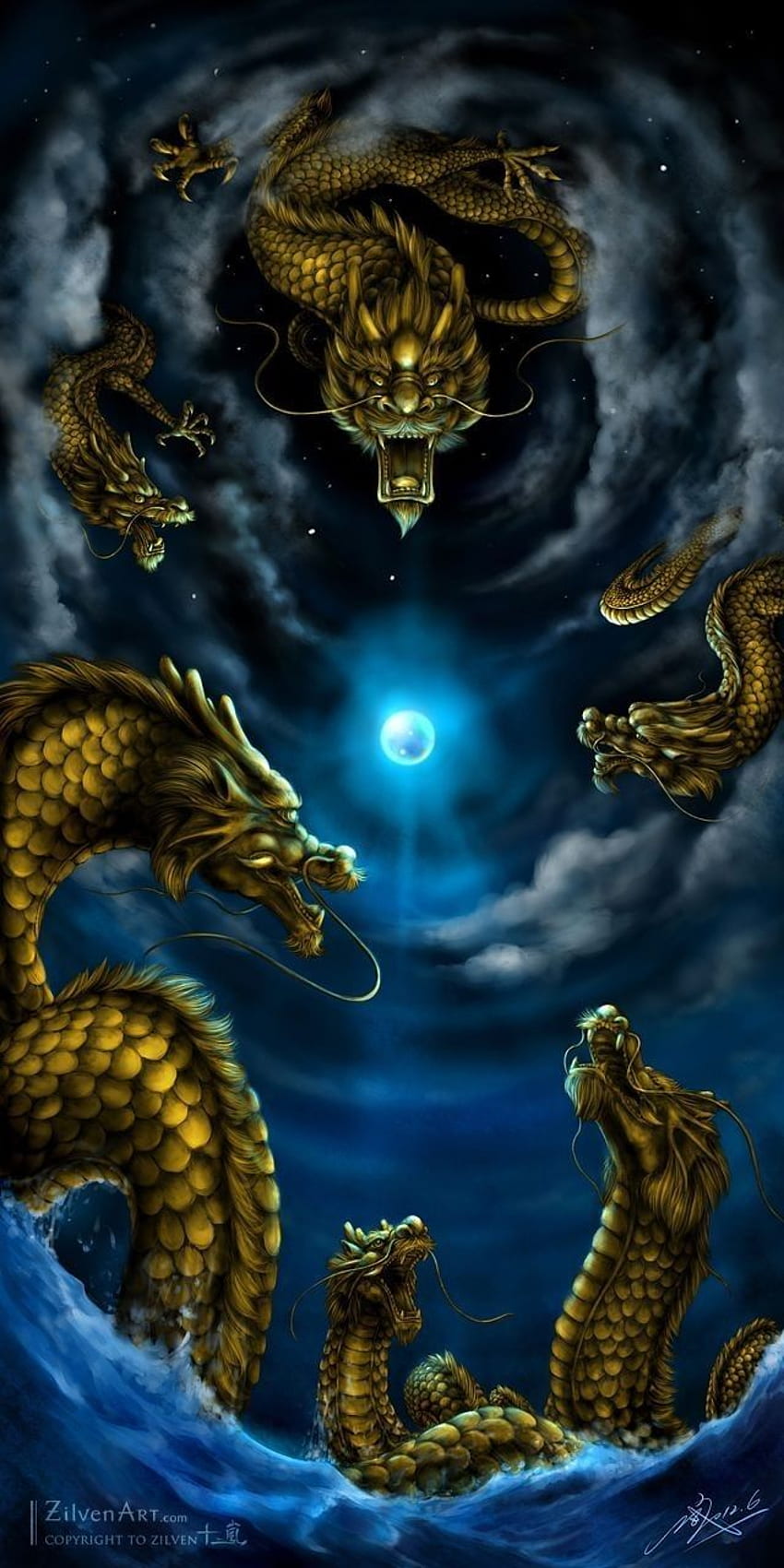 Cửu Long Tranh Bá. Tato-Naga, Gambar-Naga, Makhluk-Mitos, blauer und goldener Drache HD-Handy-Hintergrundbild