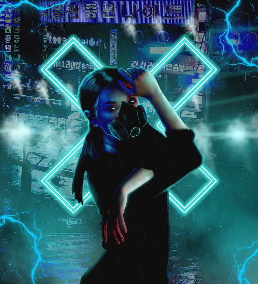 Hieroglyph, , , Cyberpunk, Neon, Girl, Respirator HD phone wallpaper