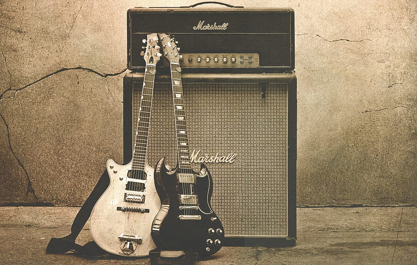 music, background, wall, white, guitar, black, monitor, rock, rock, amplifier, crack, Gibson, rock and roll, Marshall, heavy Metal, Golden for , section музыка, Guitar Amp HD wallpaper