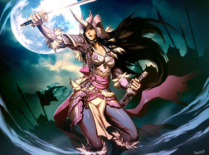 Warcraft Warrioress, night, full moon, warcraft, long hair, moon, scabbard, warrior, armour, swords, helmet, samurai, brown hair, weapon, clouds, video games, world of warcraft, katana HD wallpaper