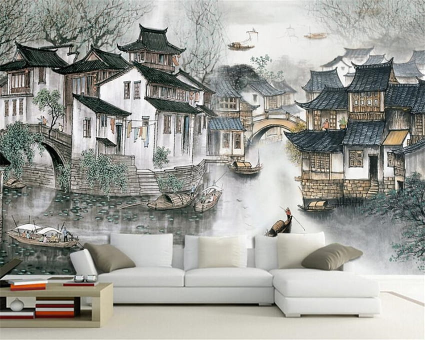 beibehang Всекидневна спалня декорация на дома стенописи Jiangnan Water Village Китайски телевизор диван фон 3D. 3D . стенописен фон 3D, Китайско село HD тапет