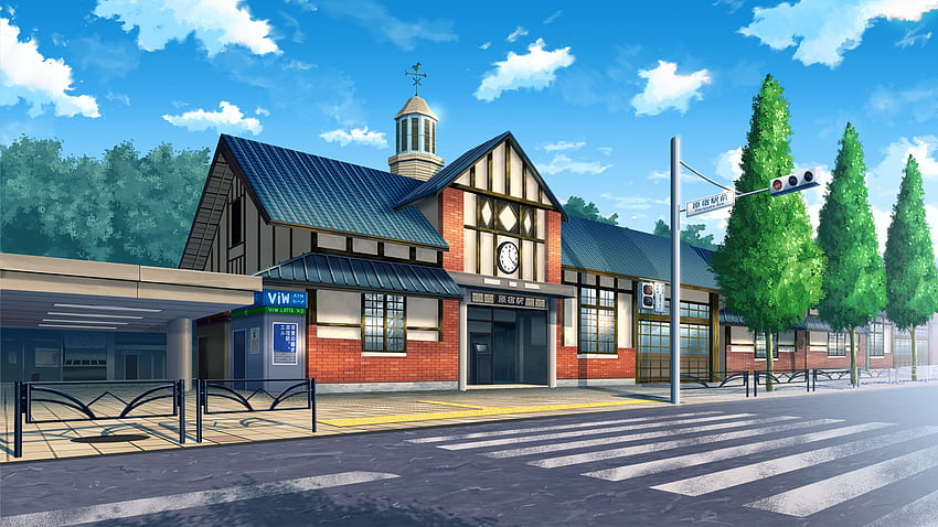 Anime Church Road Trees Street Light Blue Sky Anime HD wallpaper