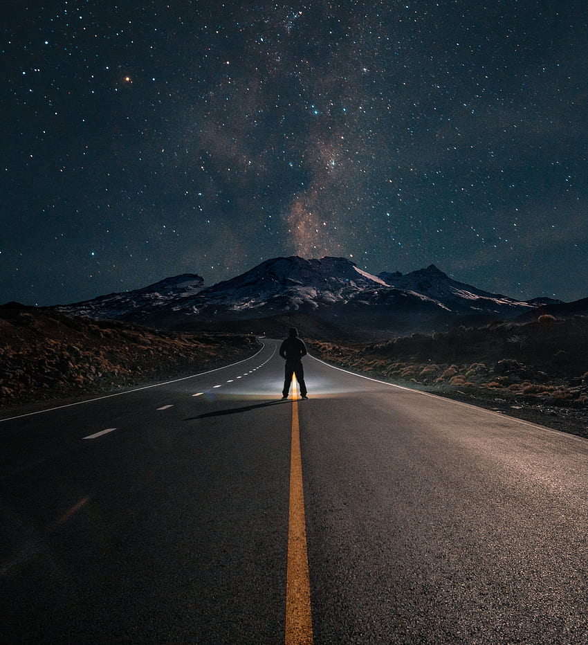 Nature, Mountains, Night, Silhouette, Road, Starry Sky HD phone wallpaper