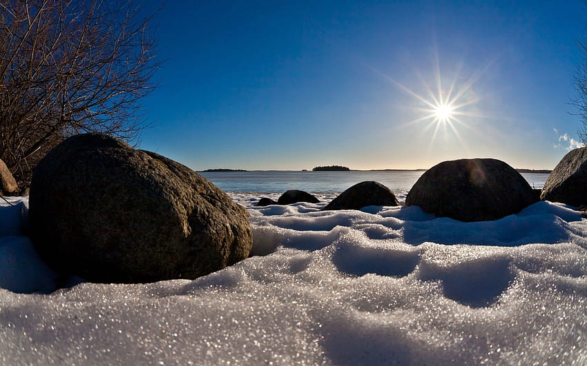 Natura, kamienie, morze, śnieg, brzeg, bank, połysk, światło Tapeta HD
