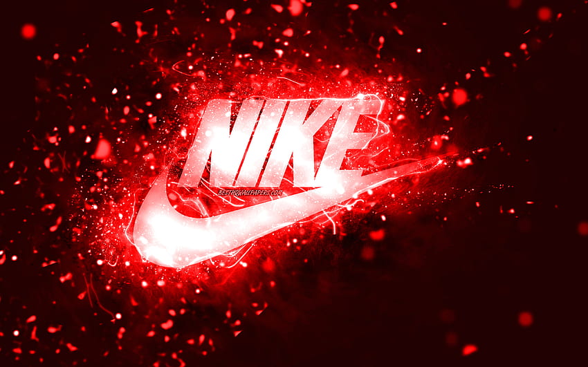 Червено лого на Nike, , червени неонови светлини, творчески, червен абстрактен фон, лого на Nike, модни марки, Nike HD тапет