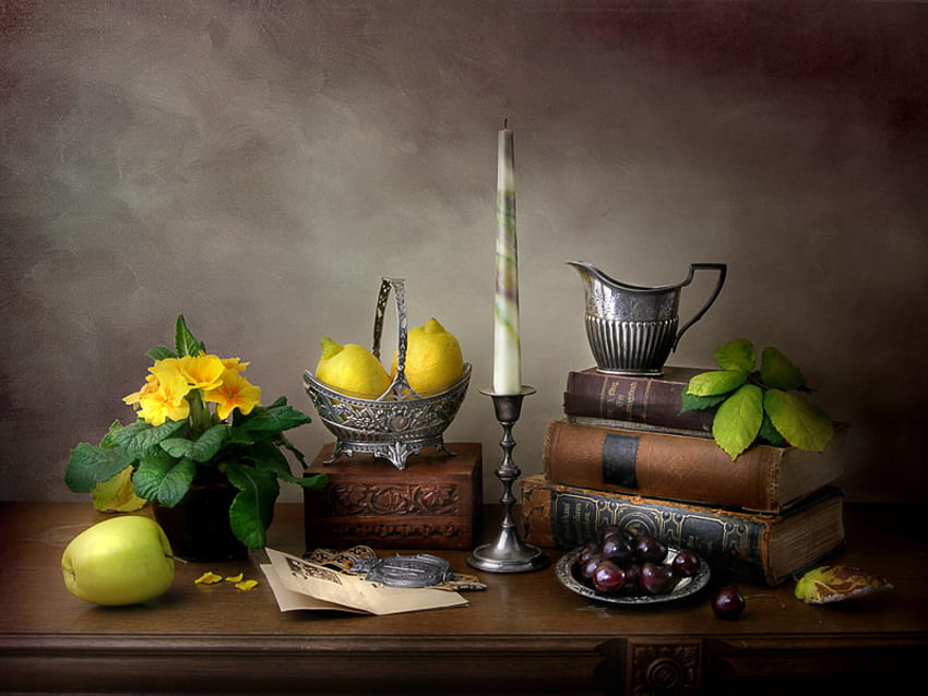 still life, graphy, beautifully, beautiful, books, cherry, flower, lemon, yellow, fruit, apple, flowers, candles HD wallpaper