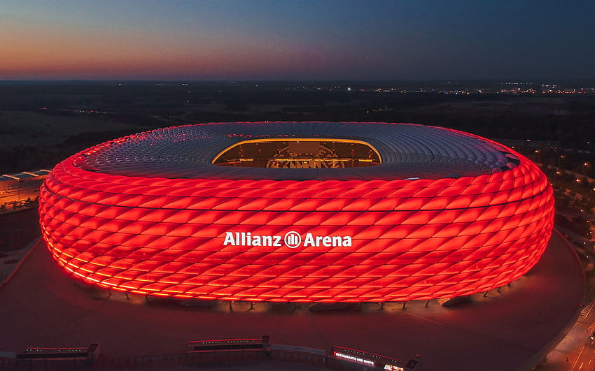 Allianz Arena สนามฟุตบอลเยอรมัน มิวนิค ประเทศเยอรมัน FC Bayern Munich Stadium ยามเย็น พระอาทิตย์ตก ไฟแดง สำหรับที่มีปณิธาน . คุณสูง, อาลีอันซ์ อารีน่า วอลล์เปเปอร์ HD