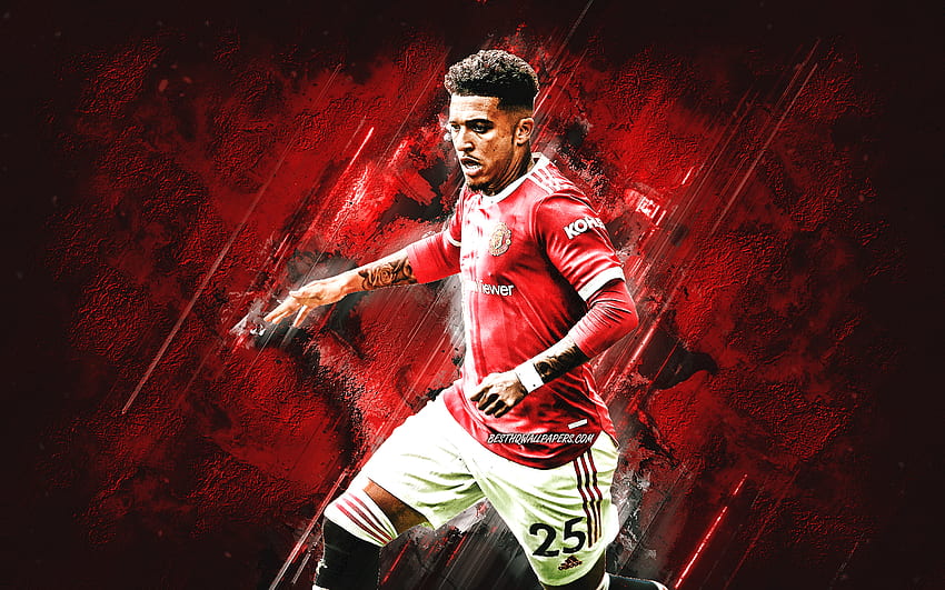 Jadon Sancho, Manchester United FC, English football player, red stone background, Sancho Manchester United, football HD wallpaper