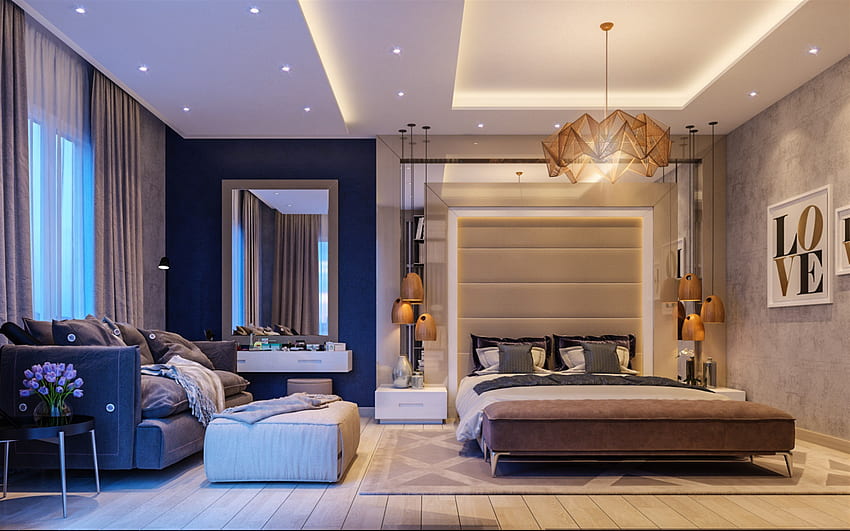 stylowy projekt sypialni, nowoczesny wystrój wnętrz, sypialnia, duże lustro do sypialni, pomysł na sypialnię, drewniane lampy wiszące Tapeta HD