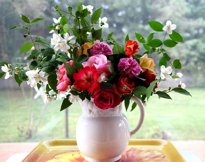 Kwiaty, róże, gałęzie, bukiet, dzbanek, okno, taca, jaśmin Tapeta HD