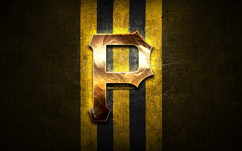 Godło Pittsburgh Pirates, MLB, złote godło, żółte metalowe tło, amerykańska drużyna baseballowa, Major League Baseball, baseball, Pittsburgh Pirates Tapeta HD