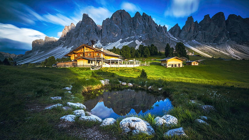 The Dolomites, Ptaly, village, peaks, clouds, landscape, sky, alps, houses HD wallpaper