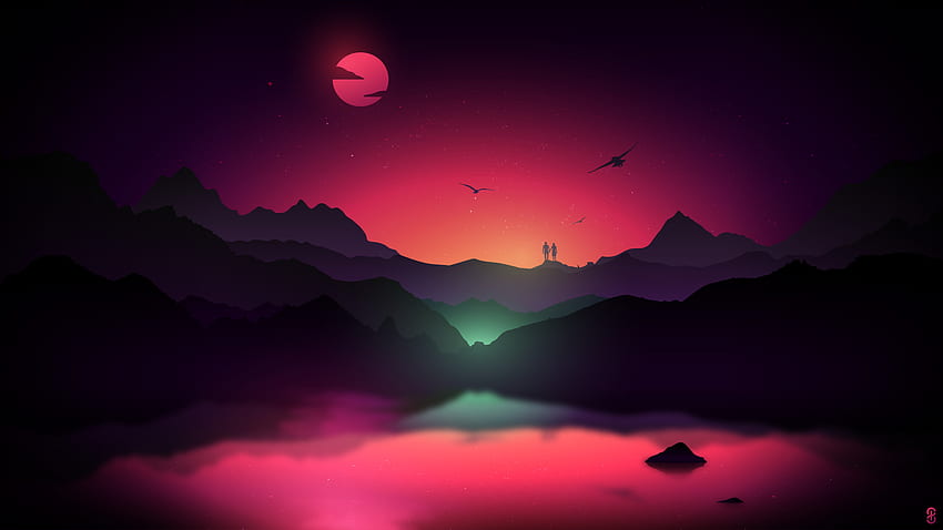Couple, Alone, Sunset, Neon, Mountains, Moon HD wallpaper