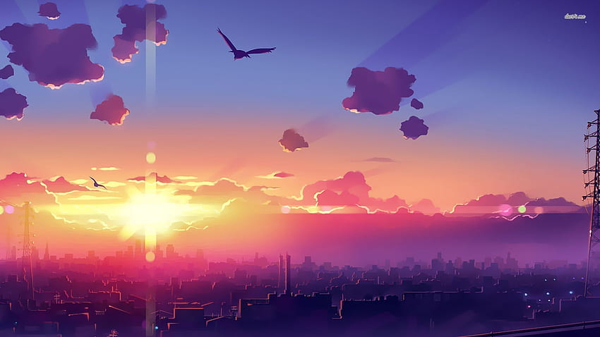 Impresionante puesta de sol sobre la ciudad - Anime, World City fondo de pantalla