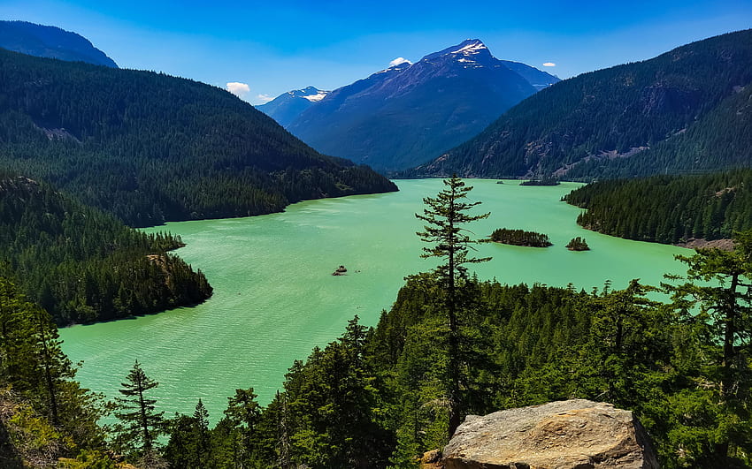 Diablo Gölü, North Cascades Ulusal Parkı, Washington, ağaçlar, gökyüzü, dağlar, ABD HD duvar kağıdı