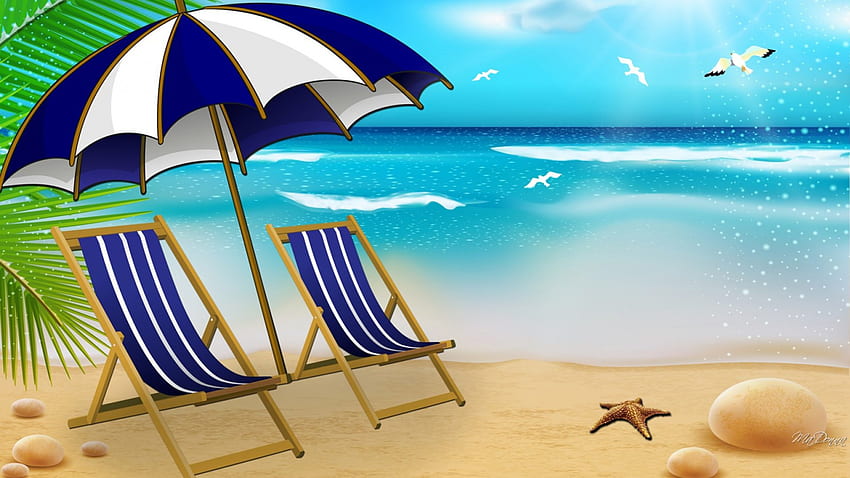Assis au bord de la mer, mer, parapluie, coquillages, oiseaux, détente, serein, plage, vacances, chaises, rivage, vagues, étoile de mer, romantique, océan Fond d'écran HD
