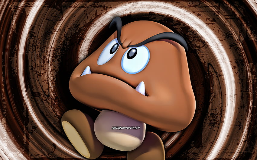 Goomba, brown grunge background, vórtice, Super Mario, monstro dos desenhos animados, Personagens do Super Mario, Super Mario Bros, Goomba Super Mario papel de parede HD