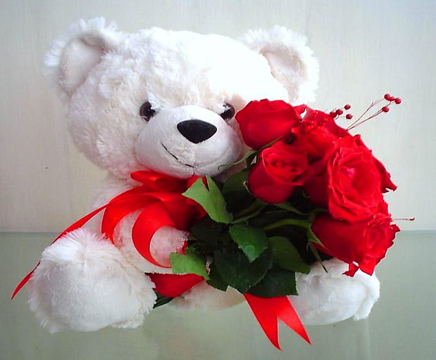 Teddy bear love, teddy bear, white, red ribbon, green leaves, red roses HD wallpaper