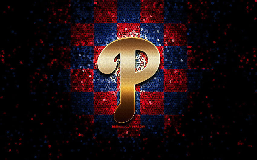 Philadelphia Phillies emblem, glitter logo, MLB, red blue checkered background, american baseball team, Major League Baseball, mosaic art, baseball, Philadelphia Phillies HD wallpaper