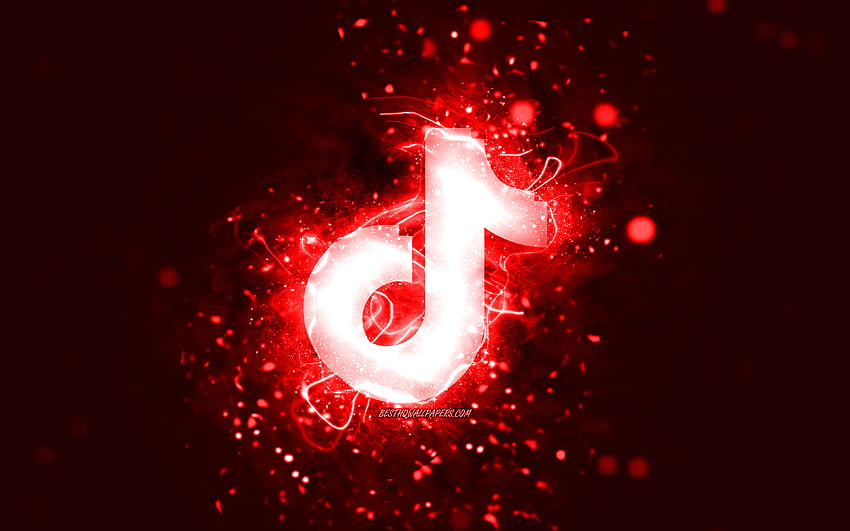 TikTok kırmızı logo, , kırmızı neon ışıklar, yaratıcı, kırmızı soyut arka plan, TikTok logosu, sosyal ağ, TikTok HD duvar kağıdı