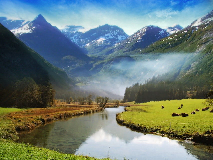 Tiere, Natur, Flüsse, Gras, Berge, Grün, Wiese, Tal der Engel, Tal der Engel HD-Hintergrundbild