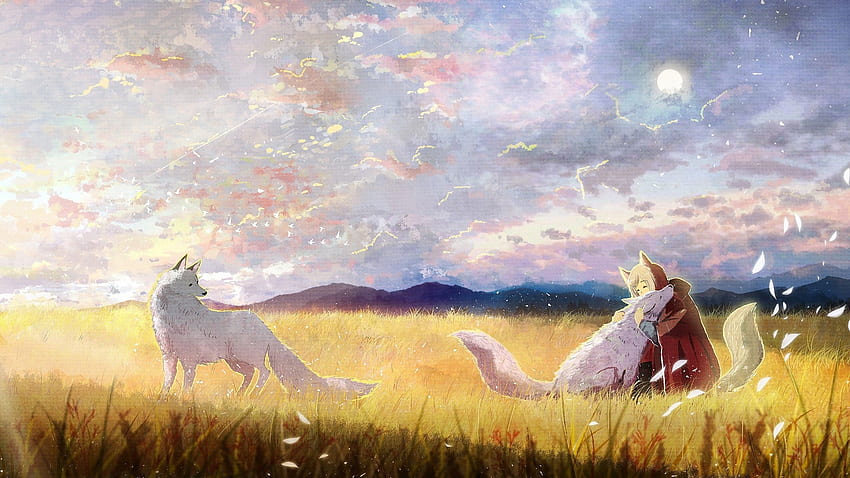 Wilczyca z anime, białe wilki, pole, majestatyczne, chmury - anime, urocza dziewczyna z wilkiem Tapeta HD