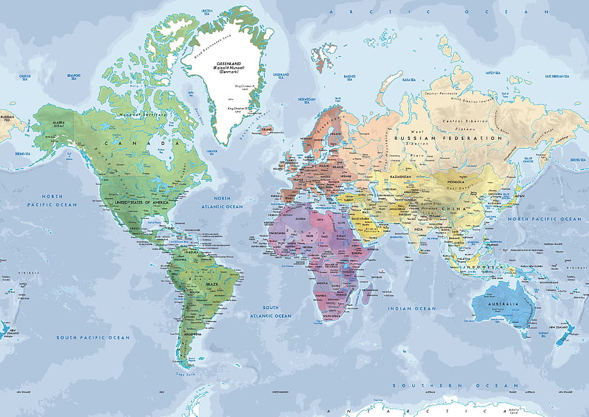 Стенопис с физическа и политическа карта на света, атлас на света HD тапет