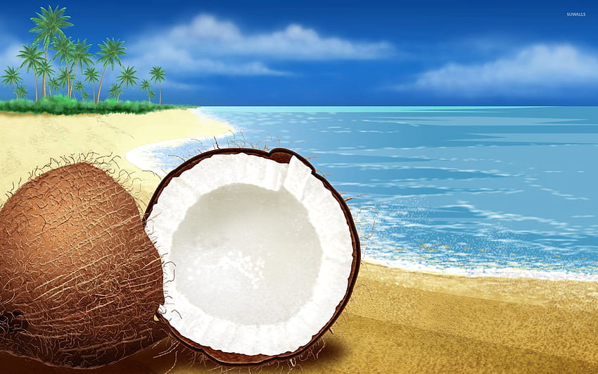 Coconut cut in half on the beach - Digital Art HD wallpaper
