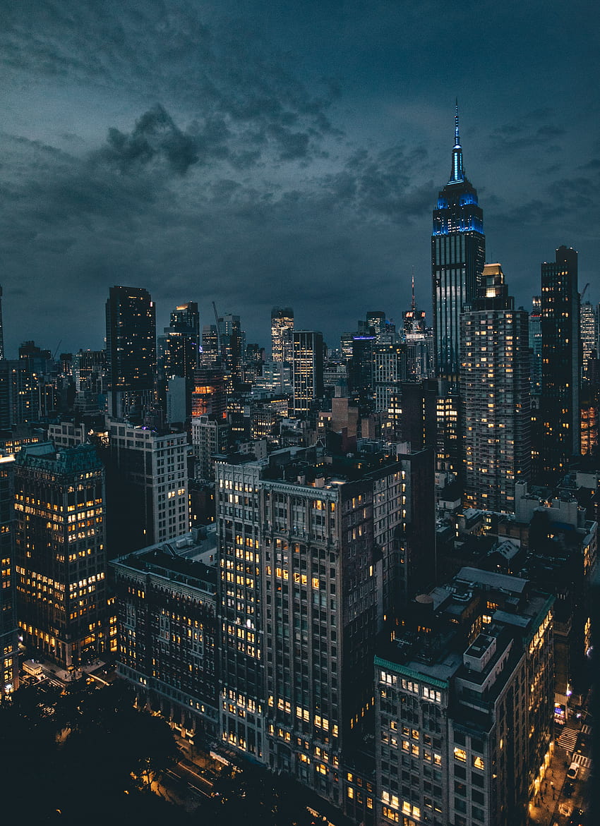 Градски светлини, градове, нощ, облаци, САЩ, нощен град, небостъргачи, САЩ, Ню Йорк HD тапет за телефон