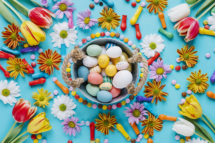 pascua, huevos coloreados, cesta, decorativo fondo de pantalla