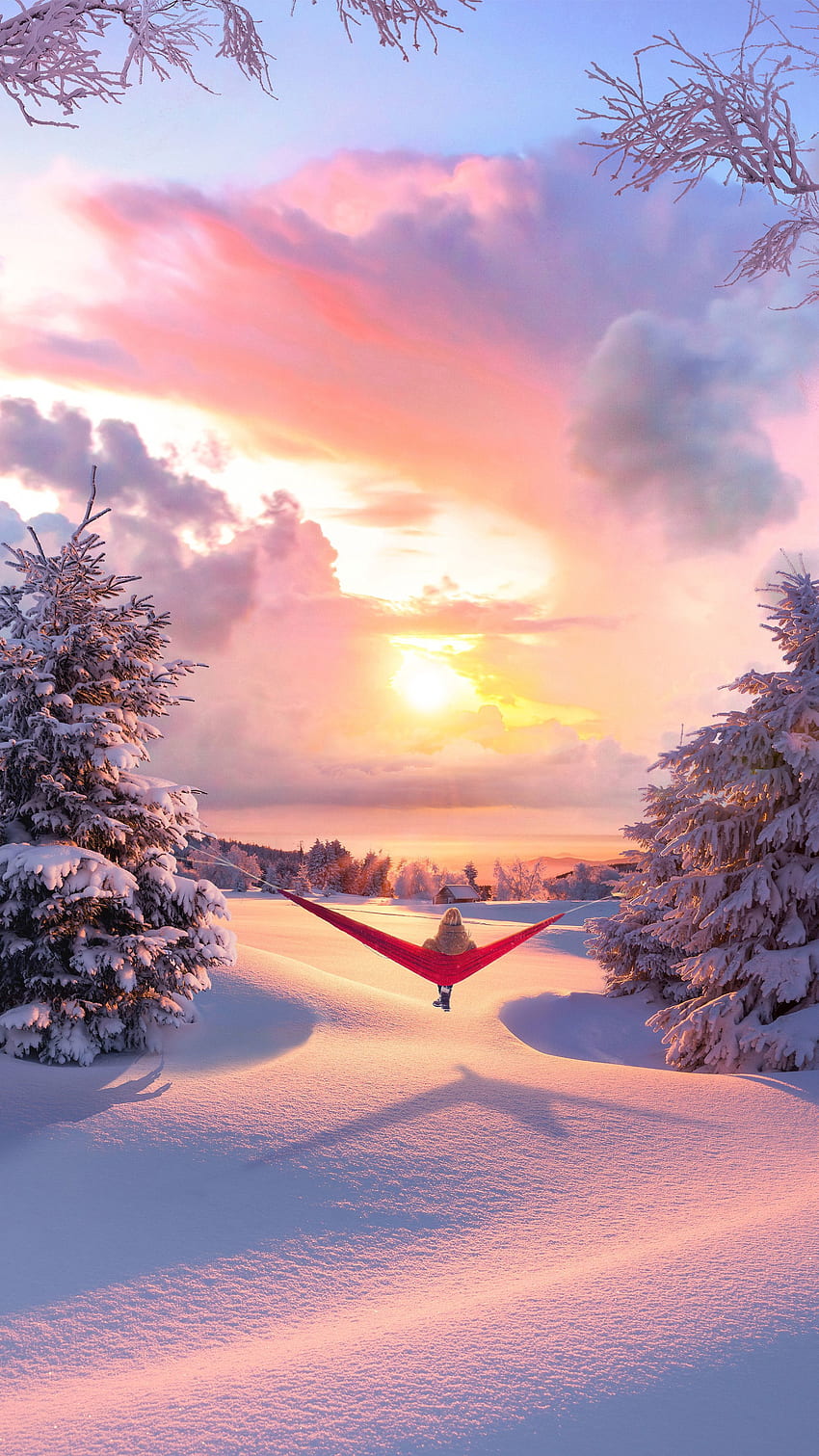 Landschaft, Winter, Natur, Privatsphäre, Abgeschiedenheit, Entspannung, Ruhe, Hängematte HD-Handy-Hintergrundbild