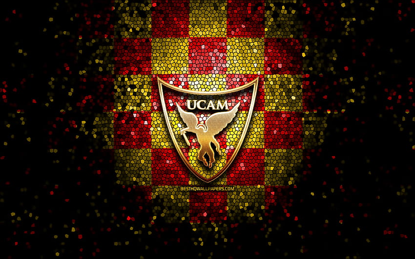 UCAM Murcia CB, logo gemerlap, ACB, latar belakang kotak-kotak merah kuning, tim bola basket Spanyol, logo UCAM Murcia CB, seni mosaik, bola basket Wallpaper HD