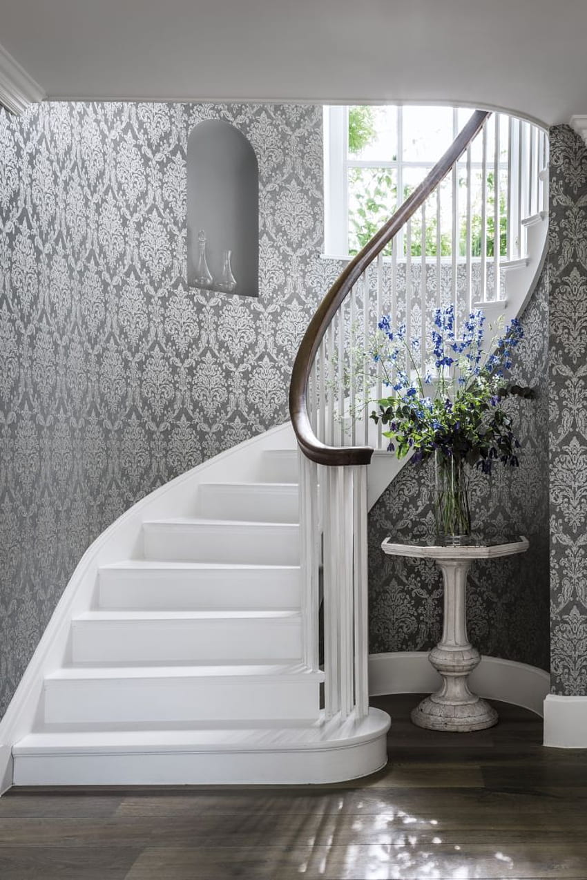 Riverside Damask by Sanderson - Steel and Silver - : Direct. staircase, Damask , Traditional staircase HD phone wallpaper