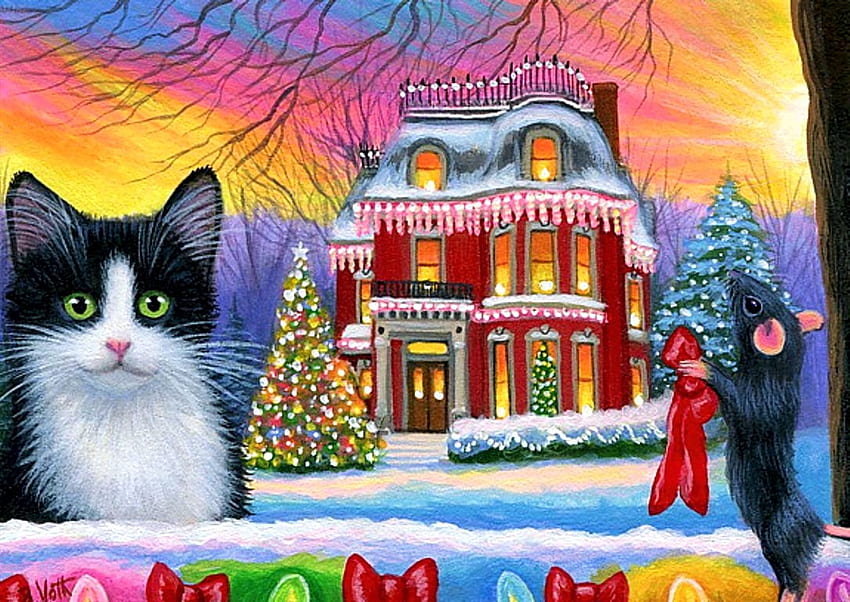 Хриси Коледа, зима, къща, орнаменти, котка, произведения на изкуството, декорация, , мишка, сняг HD тапет