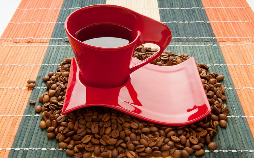 Red Cup of Coffee, coffee, beans, cup, red HD wallpaper