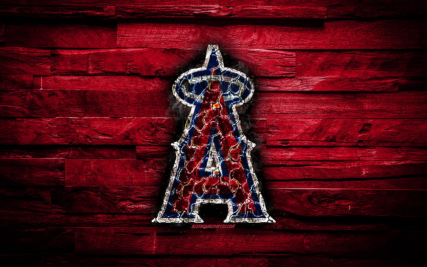 Los Angeles Angels, logotipo queimado, MLB, fundo vermelho de madeira, time de beisebol americano, LA Angels, grunge, beisebol, logotipo do Los Angeles Angels, textura de fogo, EUA para com resolução. Alto papel de parede HD