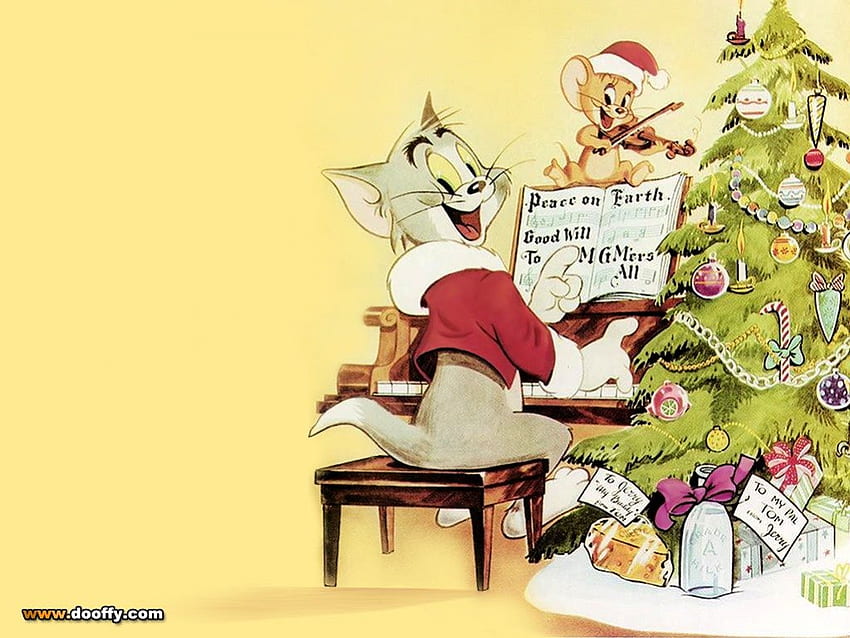 Tom & Jerry, canções de natal, desenho animado, tocar, jerry, música, férias, desenhos animados, amarelo, natal, animacion, tom, árvore de natal papel de parede HD