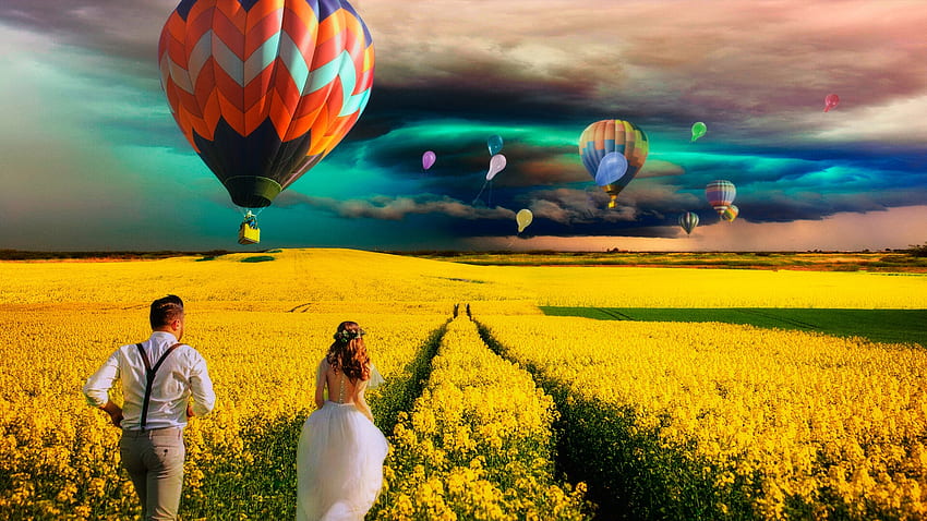 Rapeseed field, evgeny dvoretckiy, running, man, hot air balloon, girl, rapeseed, summer, fantasy, field, yellow, couple, balloon, bride, vara HD wallpaper