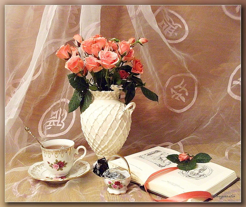 Guten Morgen!, Guten Morgen, Grafik, Tee, Rosen, Vase, Stillleben, Rosa, Buch, Blumen, Porzellan HD-Hintergrundbild
