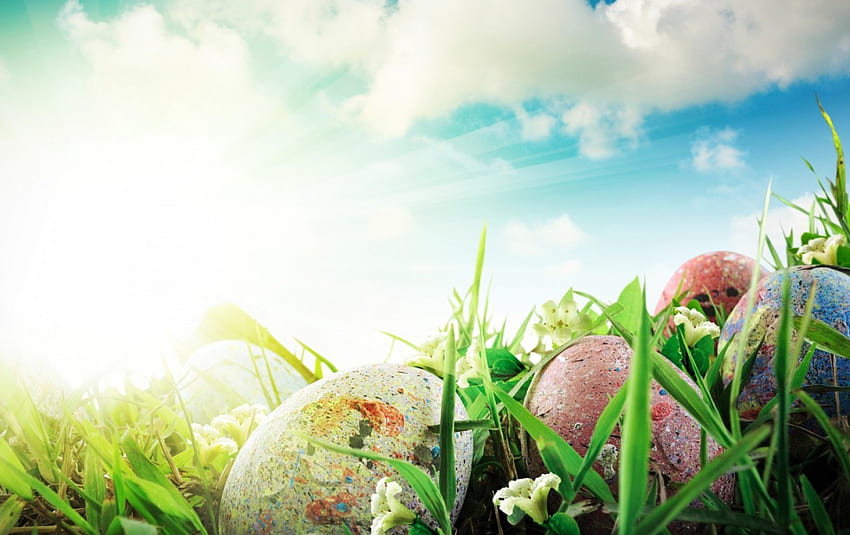 Happy Easter!, blue, egg, white, grass, spring, pink, flower, green, sky, easter, cloud HD wallpaper