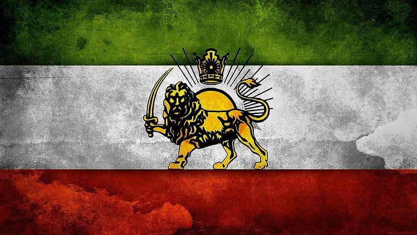 Grüne Sonne, roter weißer Iran krönt Löwenschwerter, persische Flagge HD-Hintergrundbild
