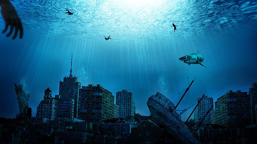 cityscapes, silhouettes, buildings, Statue of Liberty, fantasy art, Underwater World HD wallpaper