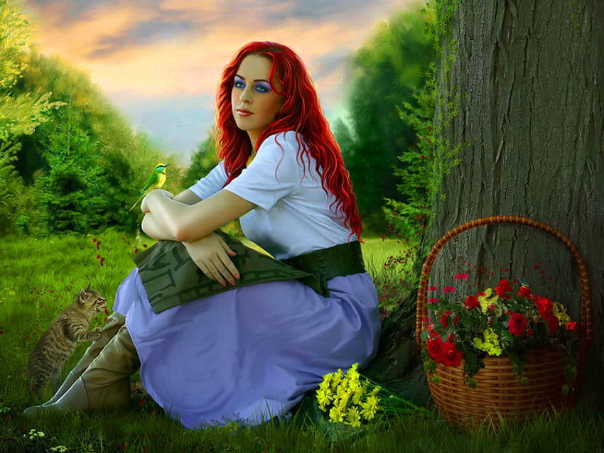 Countryside, basket, lady, nature, flowers, girl, lonely, woman HD wallpaper