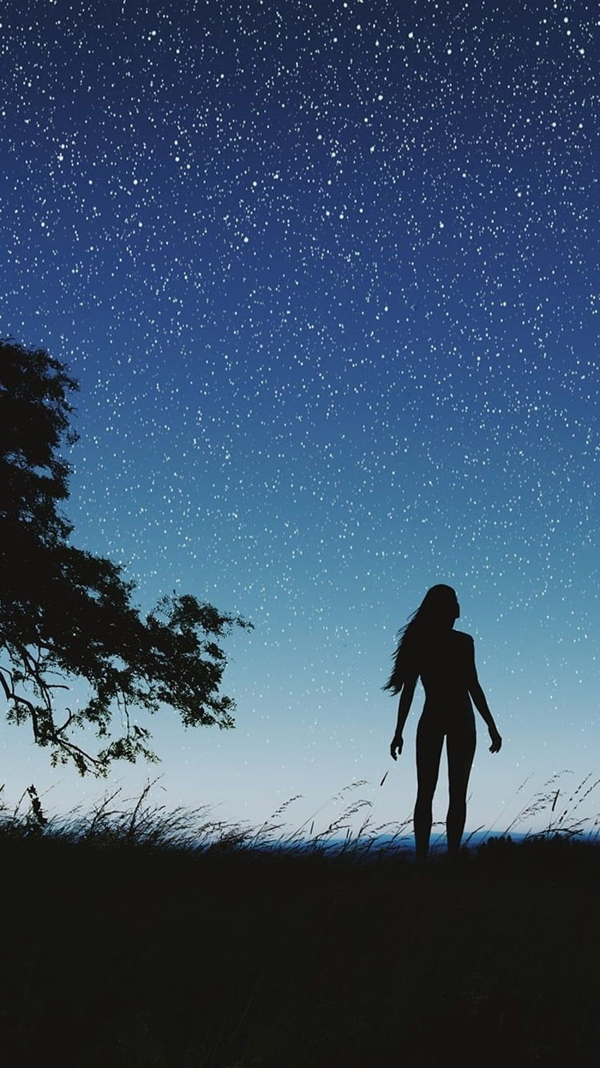 Silhouette, Night, Girl, Tree, Sky, Stars IPhone 8 7 6 6S HD phone wallpaper